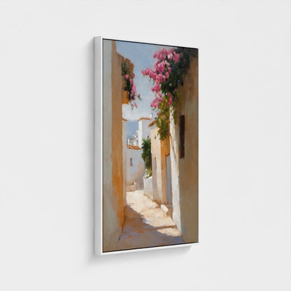 Framed artwork of a sunlit alley with flowers and buildings on a white background