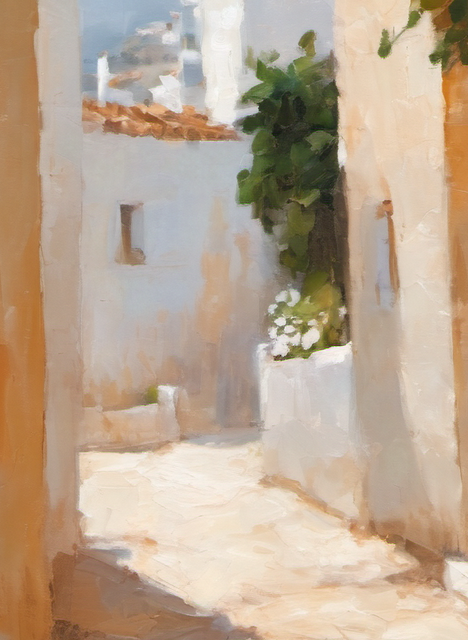 Tropical beach scene with white buildings and greenery