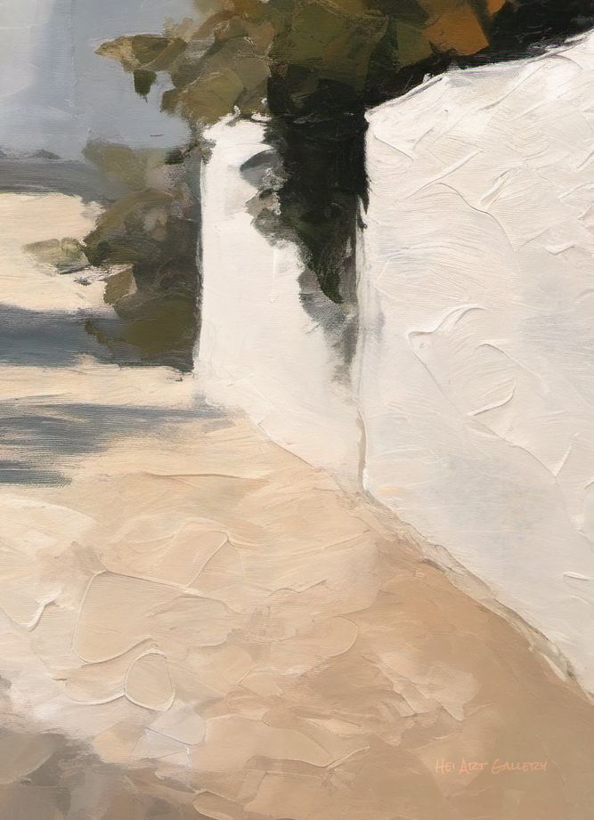 Abstract art with textured brushstrokes in white, beige, and green tones.