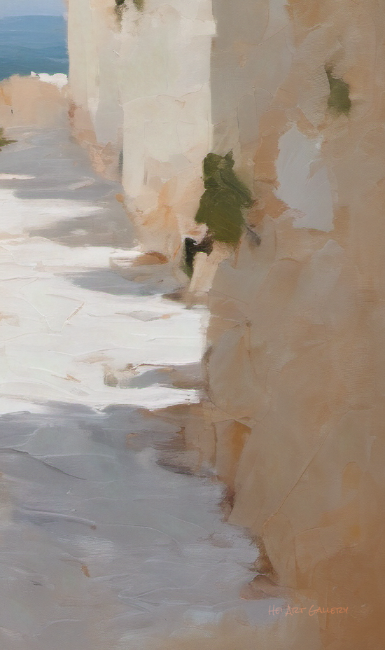 Artistic depiction of a narrow street with columns and steps, possibly in a Mediterranean setting.