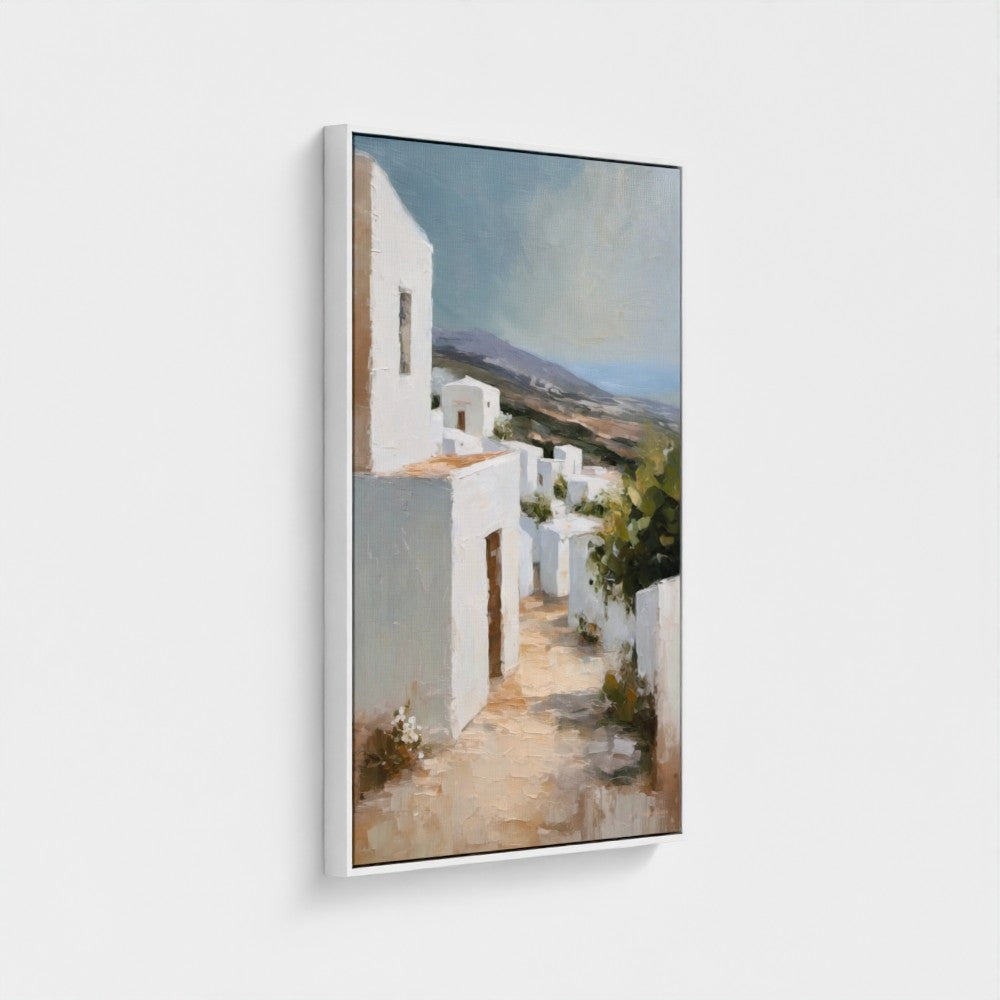 Framed artwork of a white architectural scene with a mountainous background.