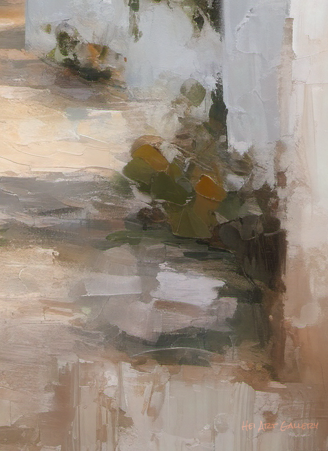 Abstract painting with textured brushstrokes in earthy tones