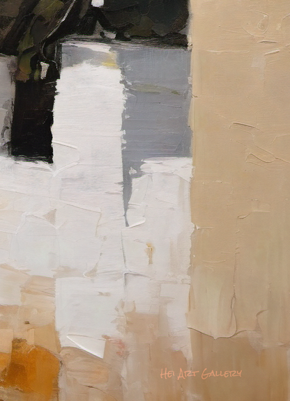 Abstract art with textured brushstrokes in white, gray, and beige tones.