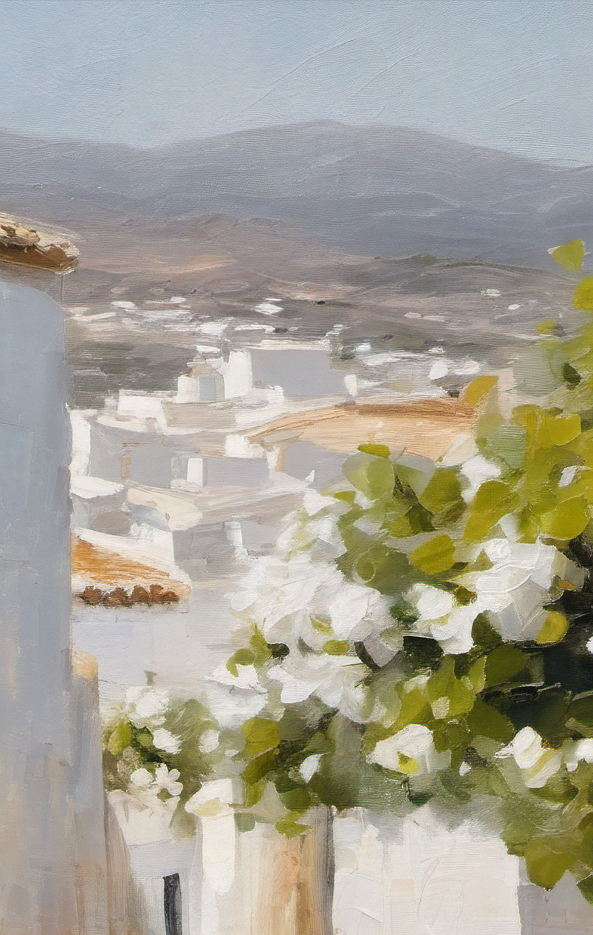 Village scene with white buildings and greenery in the foreground