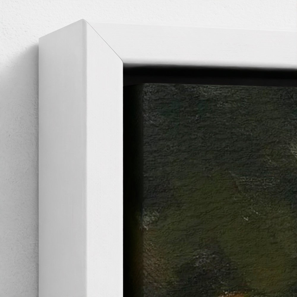 Close-up of a white frame corner with a dark painting inside
