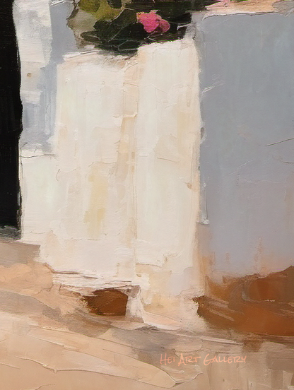 Abstract painting of a white vase with flowers on a gray background