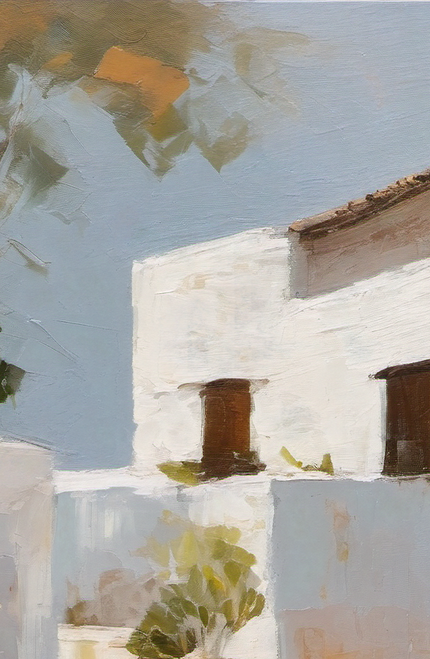 Painting of a white building with brown doors and windows against a blue sky.