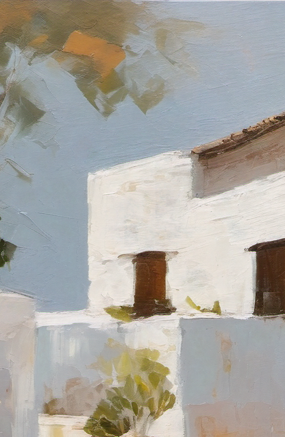Painting of a white building with brown doors and windows against a blue sky.