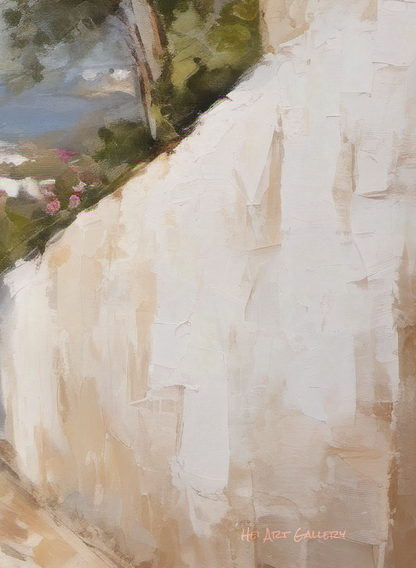 Artistic depiction of a natural landscape with white cliffs and greenery.