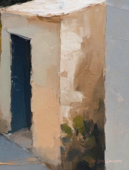 Artistic depiction of a small stone building with a door, featuring a textured surface.