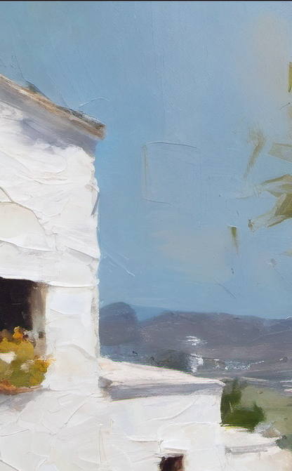 Painting of a white building with a blue sky and mountains in the background
