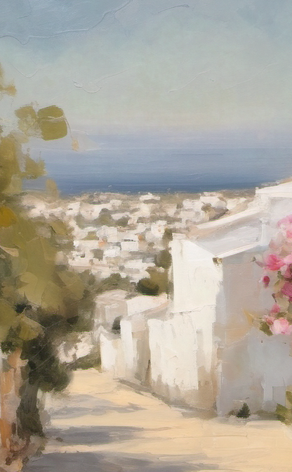 Village scene with white buildings and a clear sky