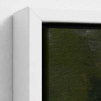 Close-up of a white frame corner with a dark green textured background