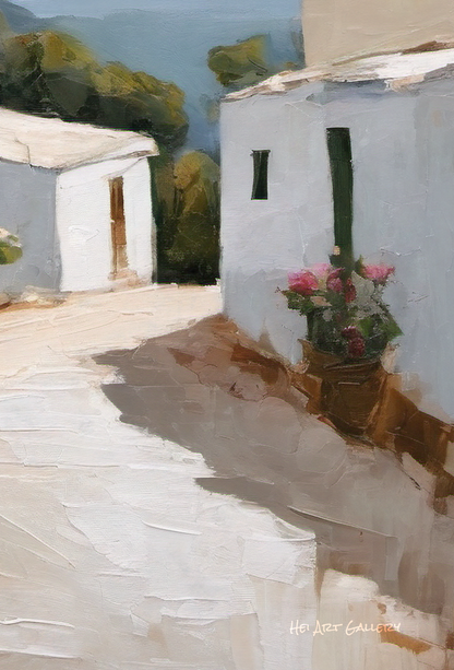 Painting of a white building with a flower pot on a sunny day