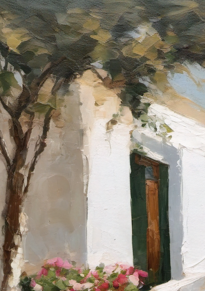Painting of a white building with a tree and flowers in the foreground