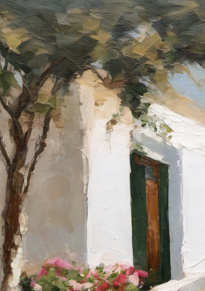 Painting of a white building with a tree and flowers in the foreground