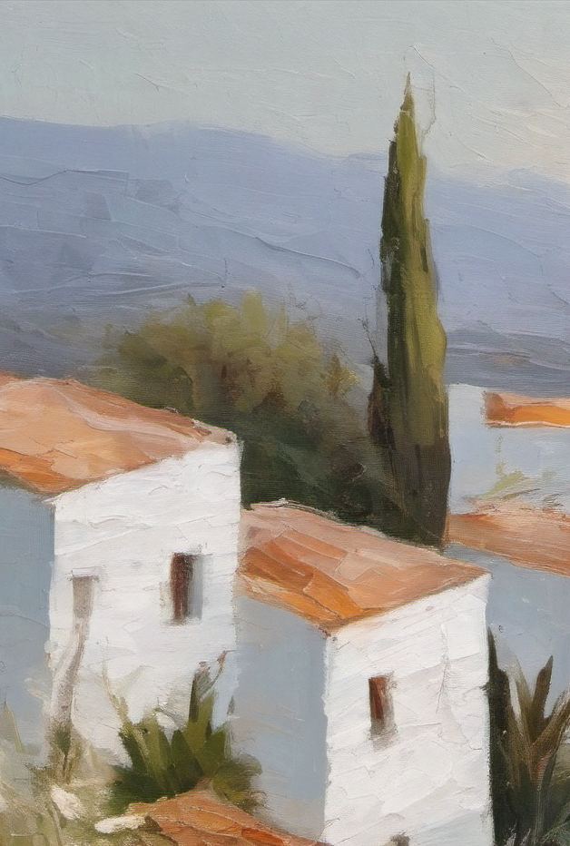 Painting of a white building with orange roof and cypress tree in the background