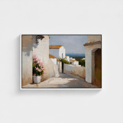 Framed artwork of a coastal scene with white buildings and pink flowers.