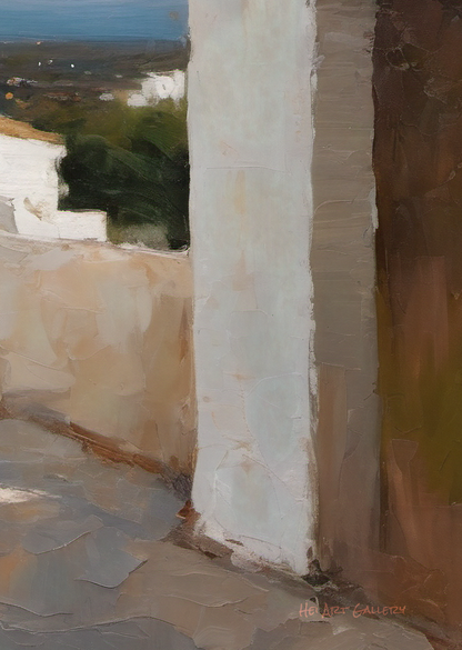 Painting of a classical temple with columns and stone pavement