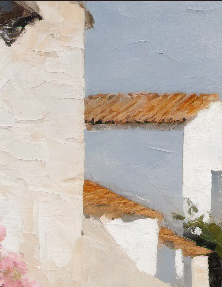 Painting of a coastal scene with a stone wall, wooden roof, and ocean view.