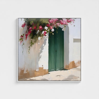 Framed artwork of a green door with floral archway on a white wall
