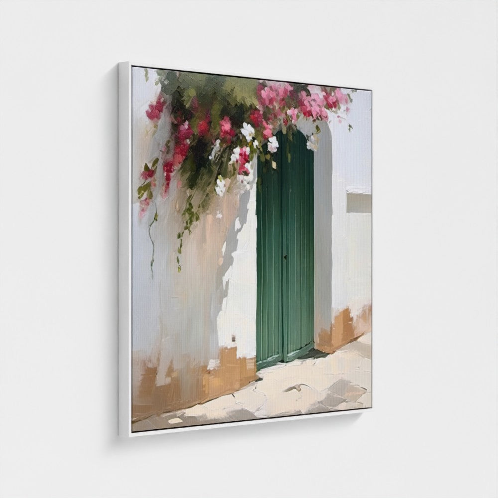 Framed artwork of a green door with pink flowers on a white wall
