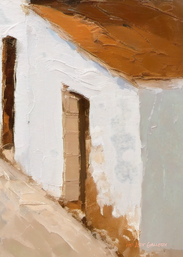 Artistic depiction of a white building with a brown roof and door.