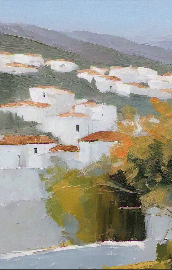 Painting of white houses with red roofs in a hilly landscape