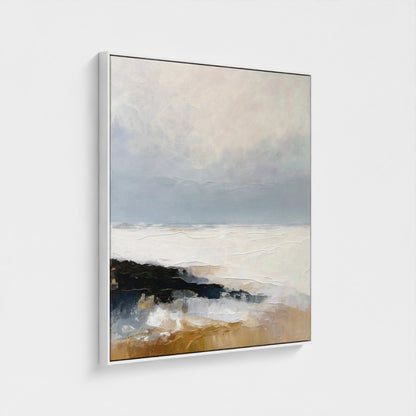 Abstract landscape painting with soft colors on a white background