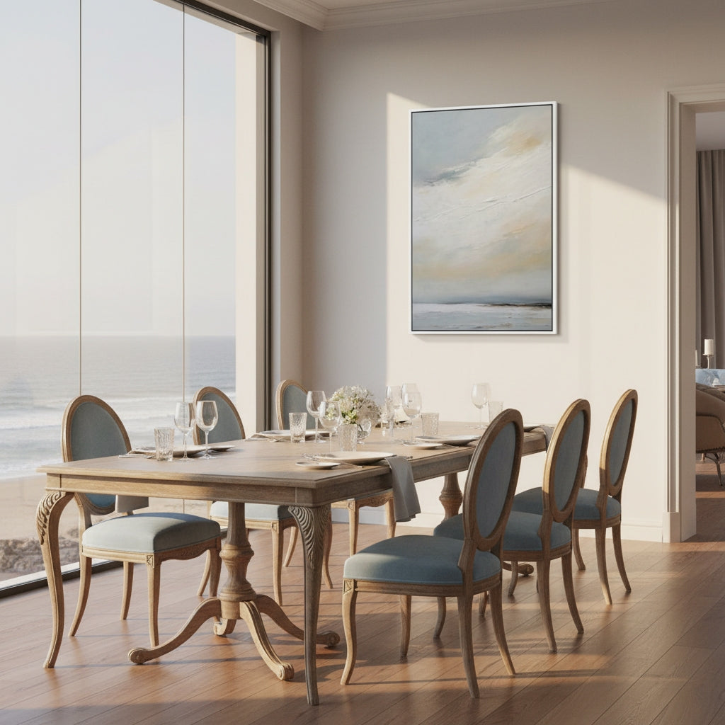 Dining room with wooden table and chairs near a large window with a view of water.