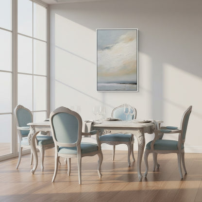 Dining room with a table and chairs, large window, and abstract painting on the wall.