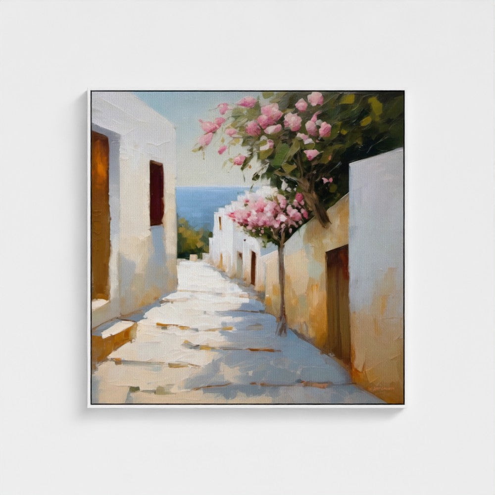Painting of a Mediterranean street with white buildings and pink flowers.