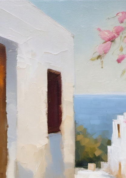 White stone building with a door and flowers on a blue sky background