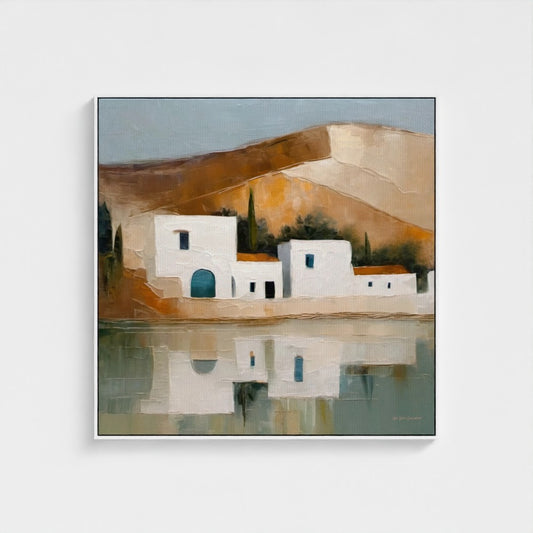 Painting of a coastal scene with houses, mountains, and water on a white background