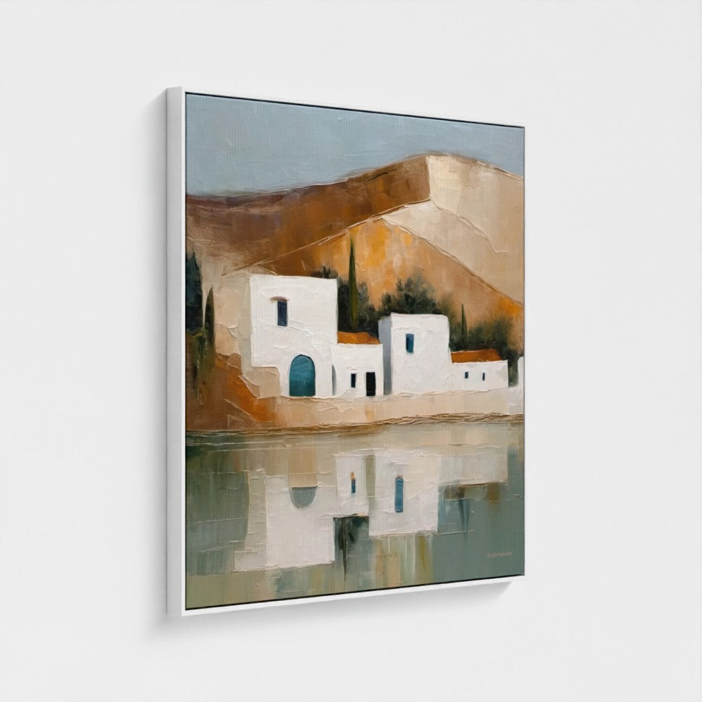 Framed painting of a coastal scene with houses and mountains.