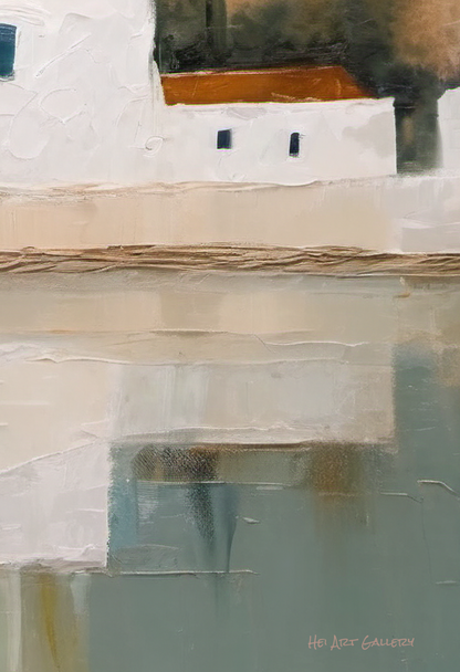 Abstract art piece with horizontal brush strokes in beige, brown, and green.