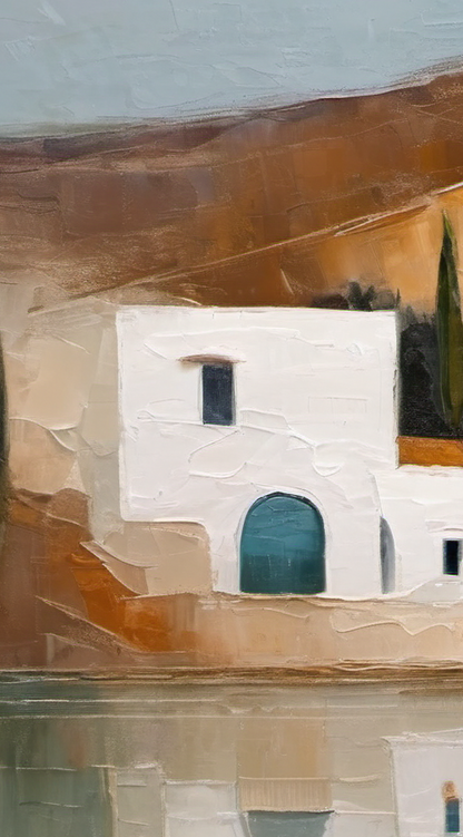 Artistic depiction of a white building with a blue door against a textured brown and beige background.