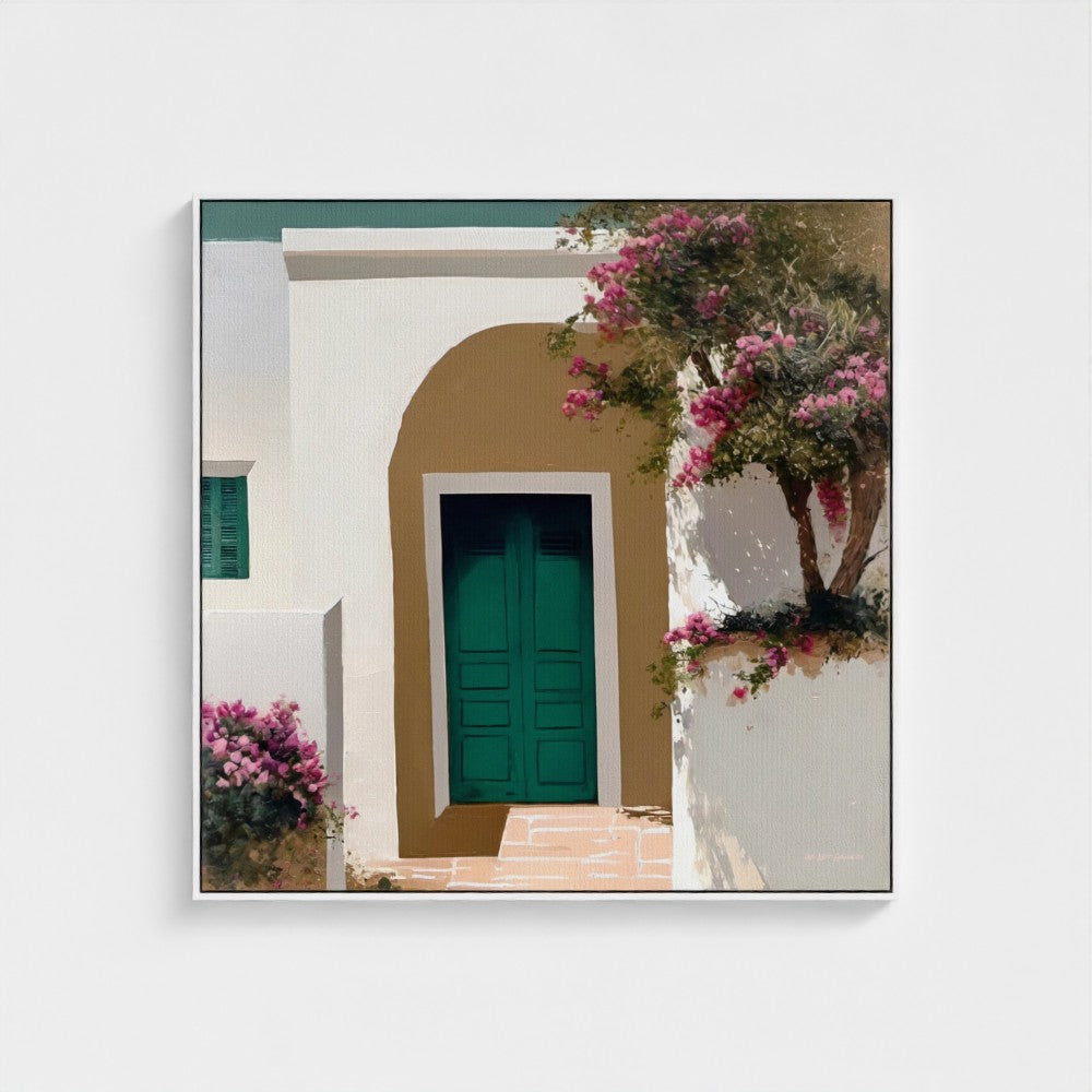 Framed artwork of a building with a green door and pink flowers on a white background