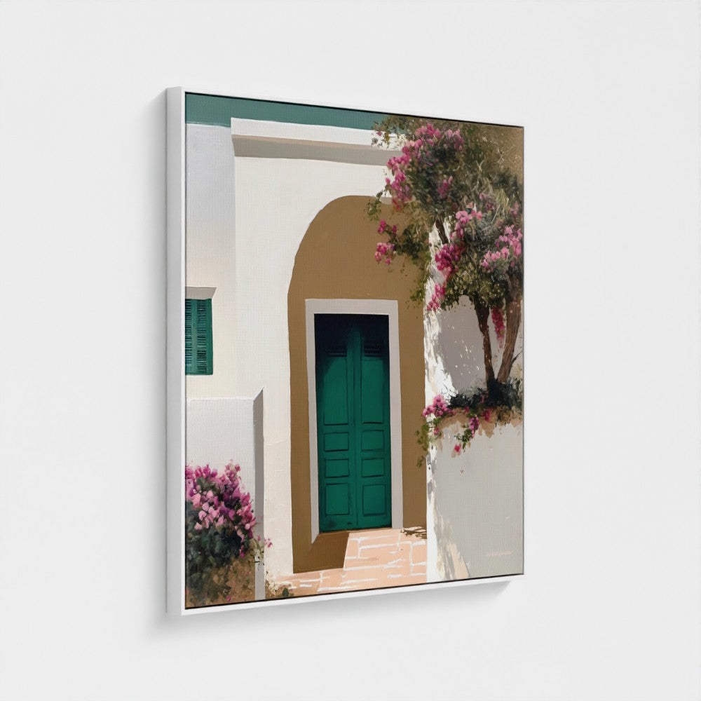 Framed artwork of a Greek-style building with a green door and pink flowers.