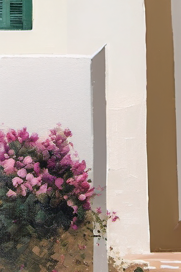 Pink flowers in a pot against a white wall with a green shutter.