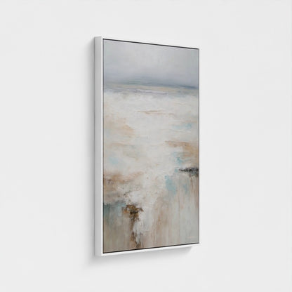 Abstract painting with earthy tones in a white frame on a light gray background