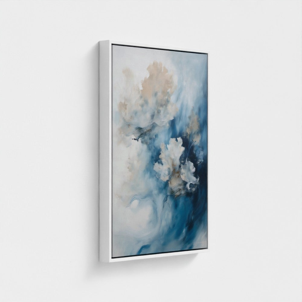 Abstract painting with blue and beige tones on a white background