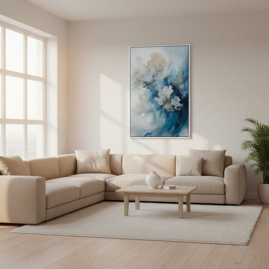Modern living room with a beige sectional sofa, wooden coffee table, and abstract painting on the wall.