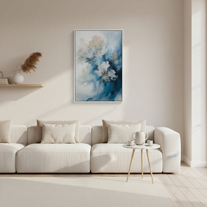 Modern living room with a white sofa, abstract painting, and small table with decor items.