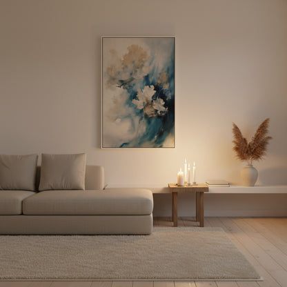 Modern living room with a beige sofa, abstract painting, and decorative elements.