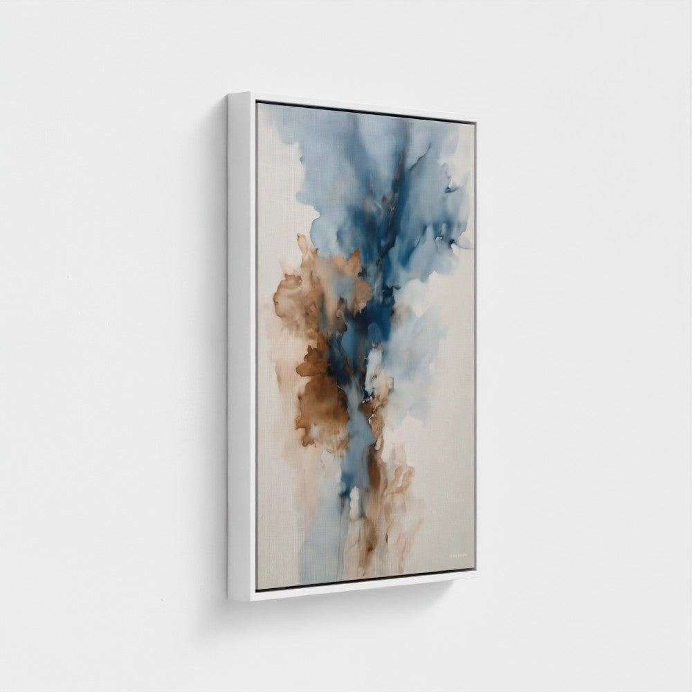 Abstract painting with blue and brown tones on a white wall