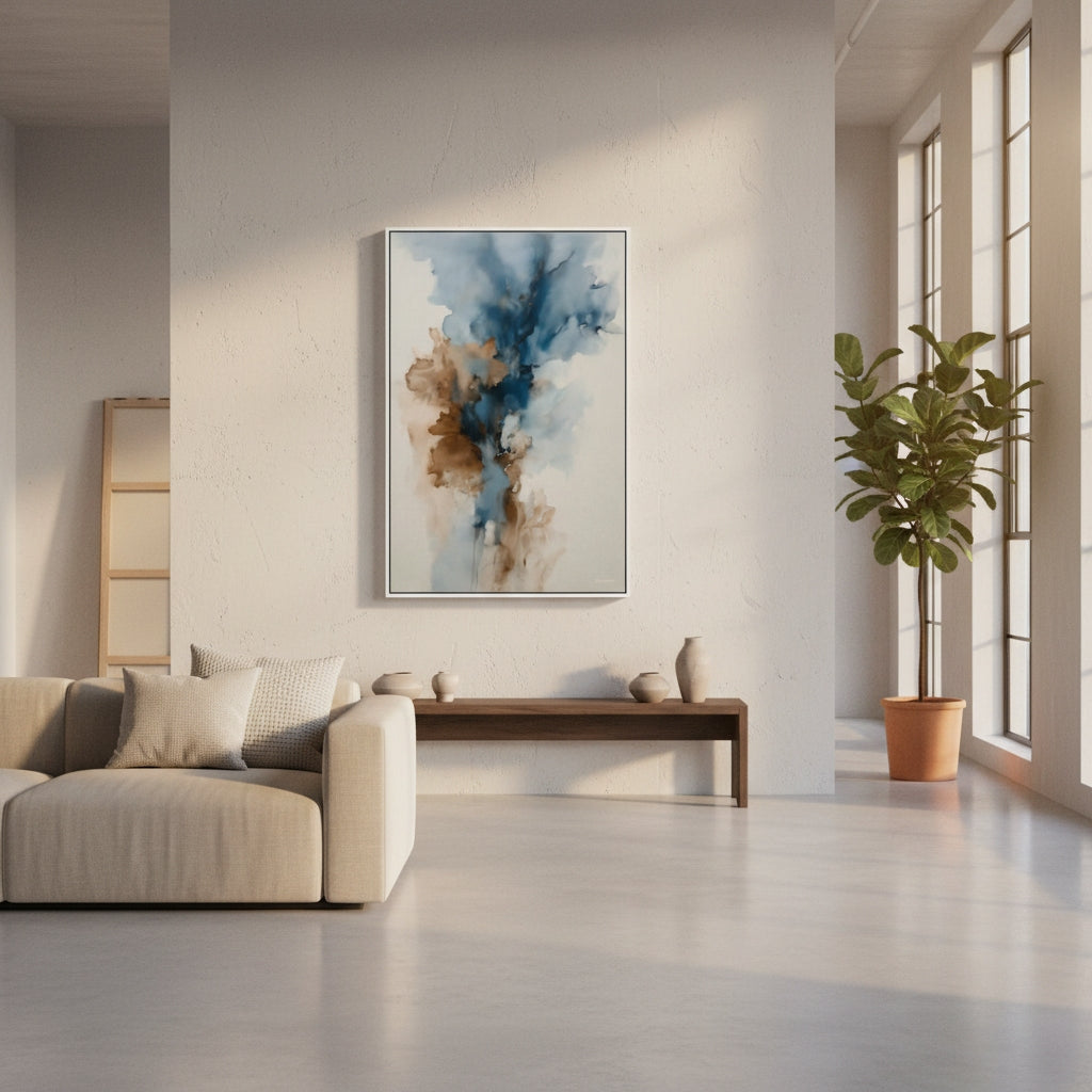 Modern living room with a abstract painting on the wall, a sofa, and a potted plant.
