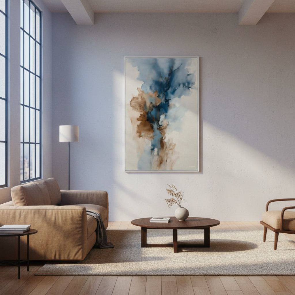 Modern living room with abstract art on the wall, beige sofa, and wooden coffee table.