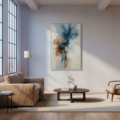 Modern living room with abstract art on the wall, beige sofa, and wooden coffee table.