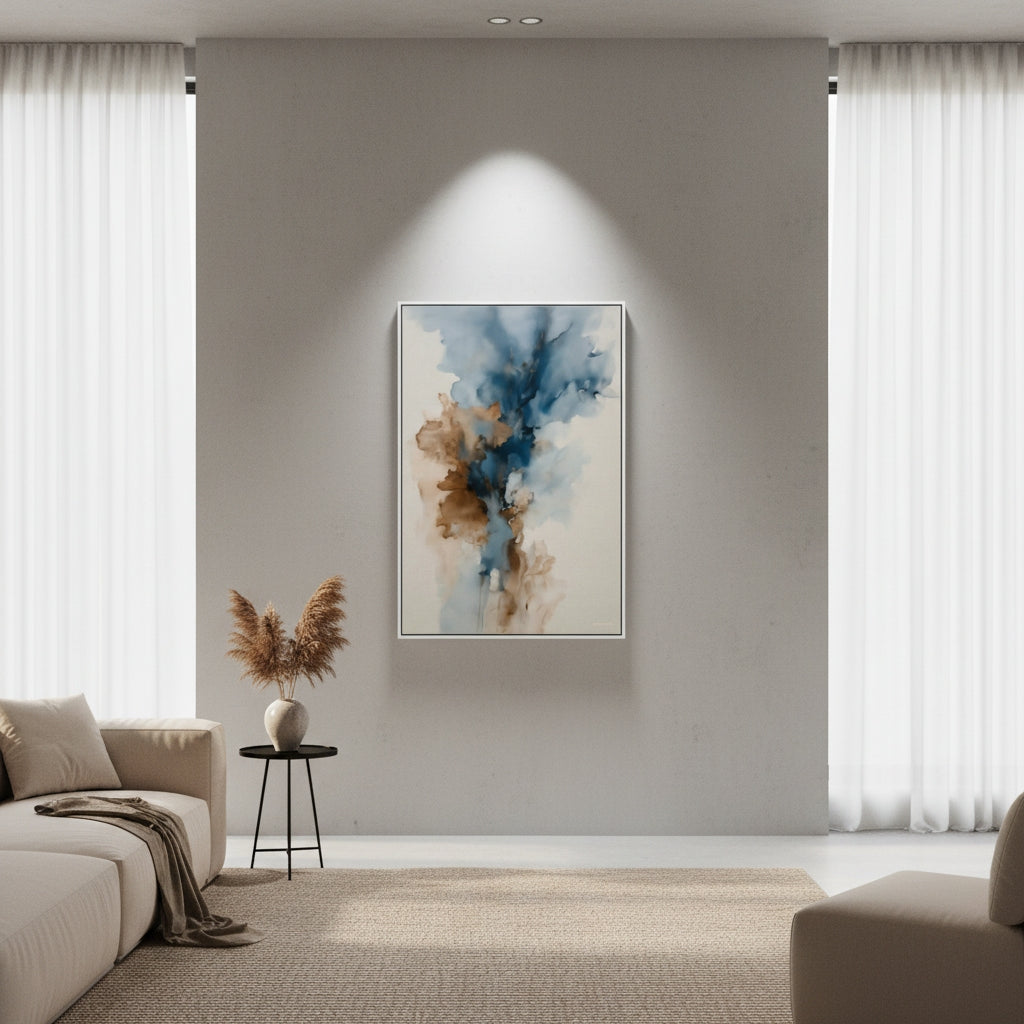 Modern living room with abstract art on the wall, sofa, and decorative elements.